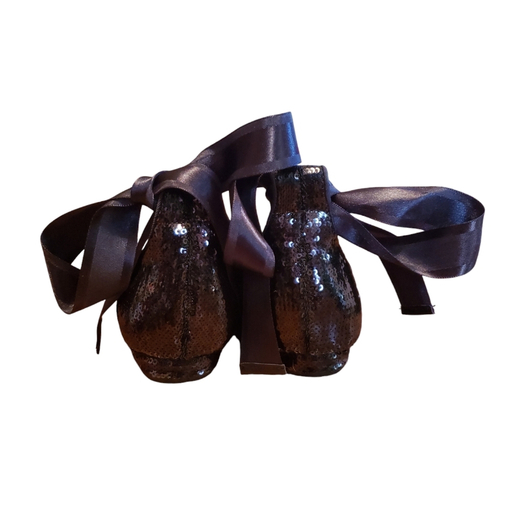 Jewel Badgley Mischka Black Sequin Open Toe Flats with Satin Bow Size 7 - Picture 4 of 5